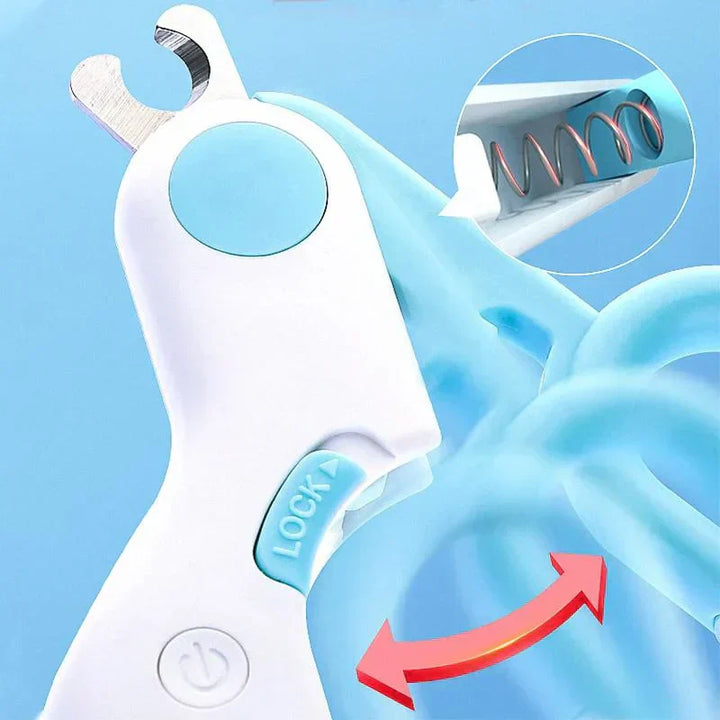 Professionelle Haustier-Nagelknipser mit LED-Licht, weiß-blau, für Hunde und Katzenpflege.