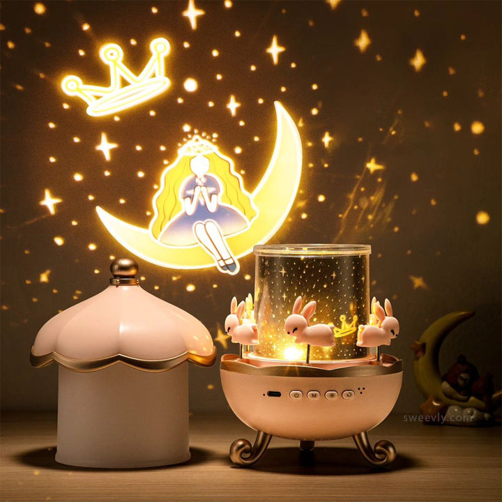 Nachtlicht Projektor mit Mond, Prinzessin und Sternen, rosa Design, Kinderzimmer Deko.