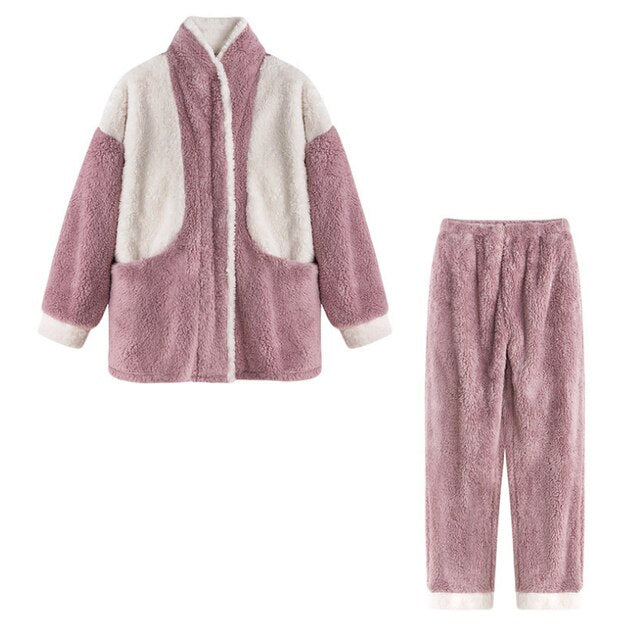 Lila Damen-Fleeceanzug, zweiteilig, warm, gemütlich, Wintermode, Jacke und Hose.