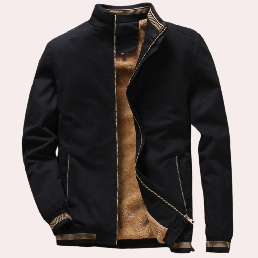 Schwarze Herrenjacke mit Reißverschluss, Stehkragen, warmem Innenfutter, modisch und elegant.