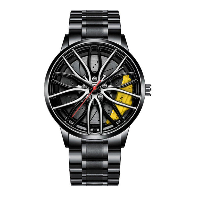 Wasserdichte Herren-Quarzuhr, schwarzes Metallarmband, Autoreifen-Design, sportlich.