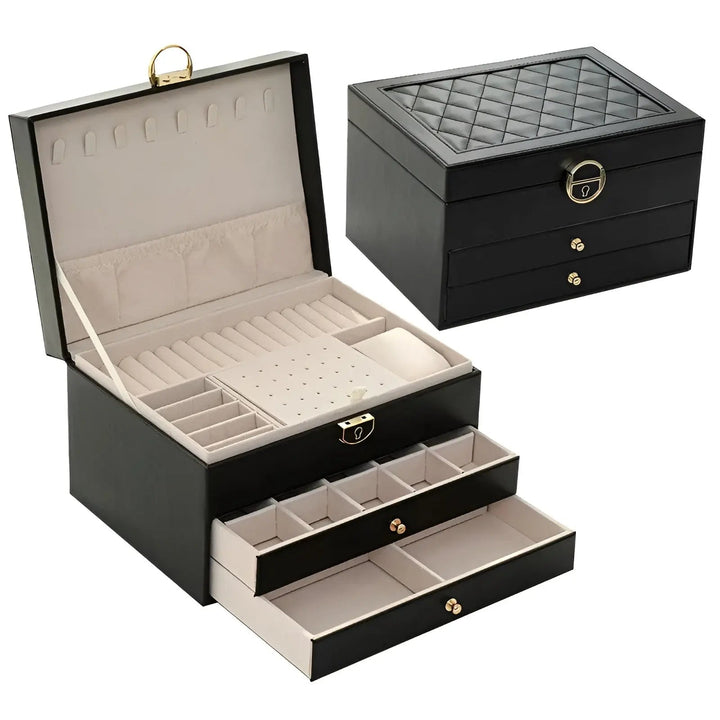 Schwarze Schmuckbox mit Rautenmuster, Leder, mehrere Fächer, abschließbar, Organizer.