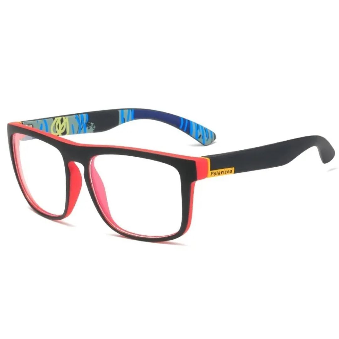 Schwarze und rote Brille mit polarisierten Gläsern, modisches Design, Unisex.