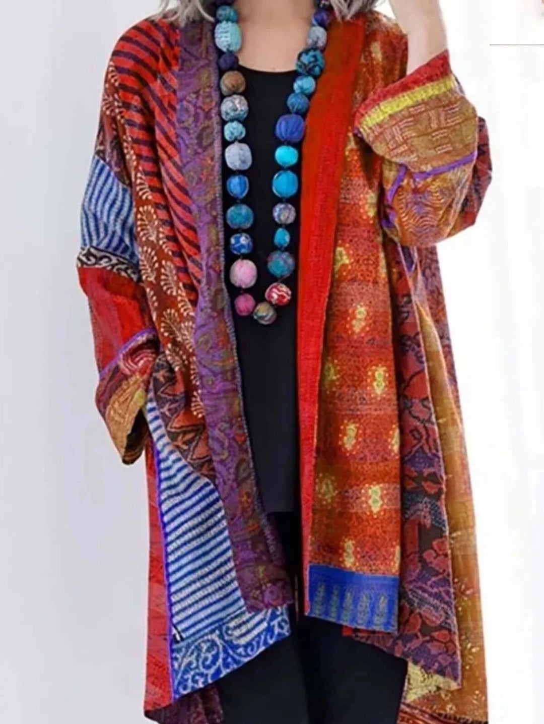 Bunte Damenjacke mit ethnischem Muster, Patchwork-Design, lang, aus Baumwolle, rot-blau.