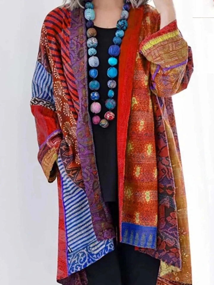 Bunte Damenjacke mit ethnischem Muster, Patchwork-Design, lang, aus Baumwolle, rot-blau.