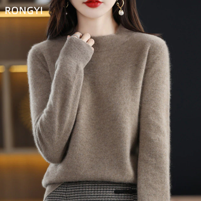 Damenpullover aus reiner Wolle, beige, Rollkragen, Herbst-Winter, casual, gestrickt.