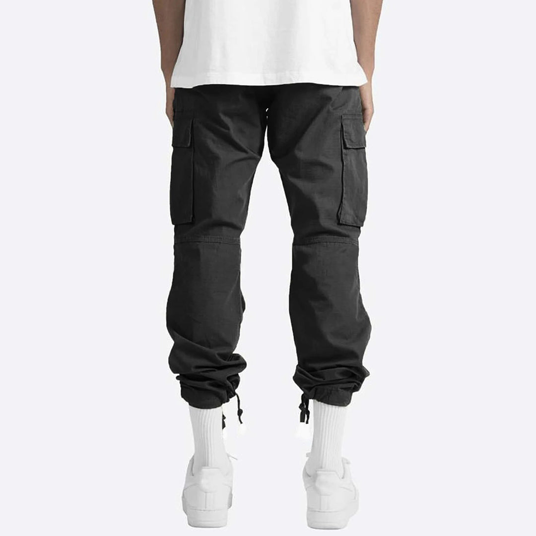 Schwarze Cargo-Hose für Herren, Baumwolle, mit Taschen, lässiger Stil, Streetwear.