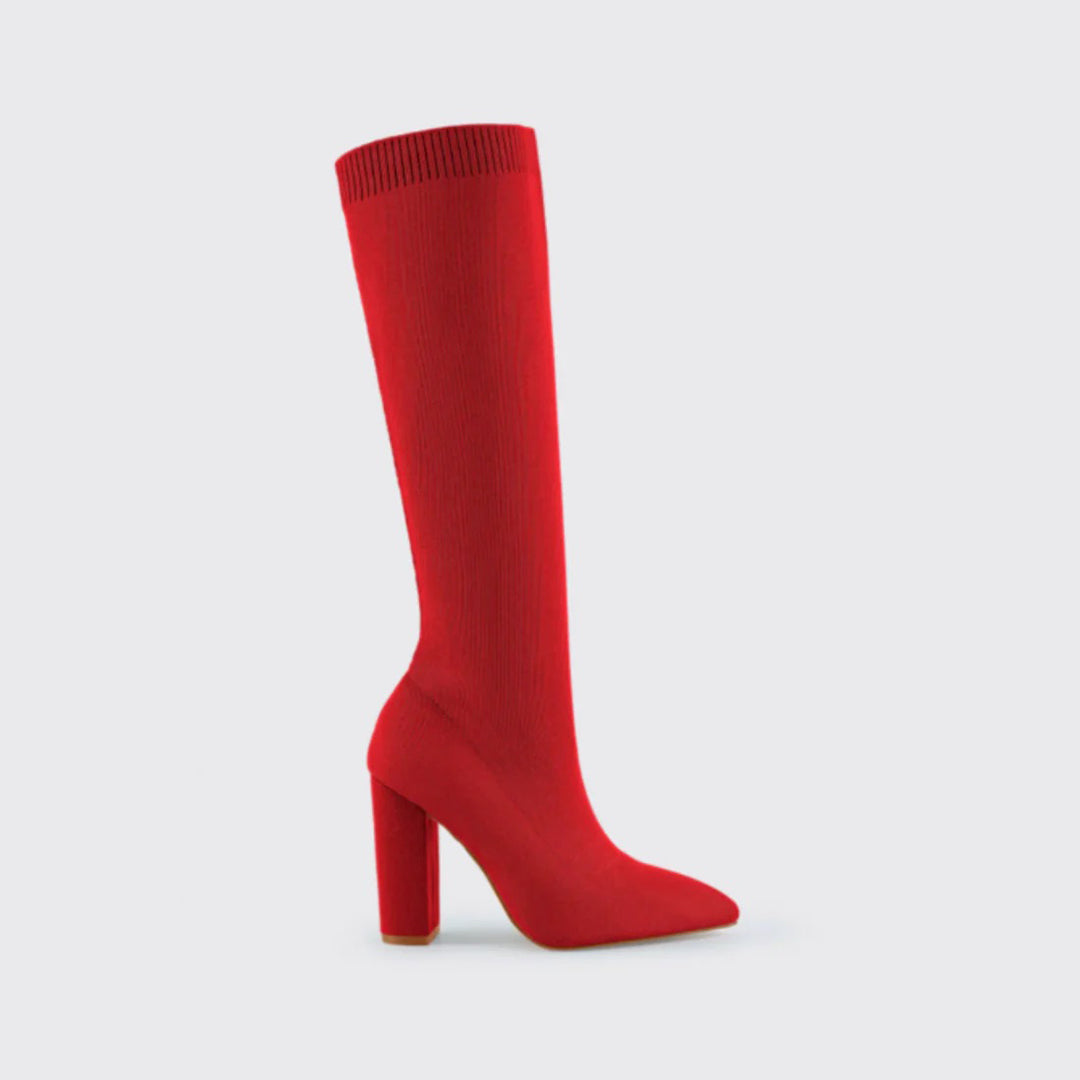 Roter Damenstiefel, kniehoch, Strickmaterial, spitzer Absatz, modisch, elegant.