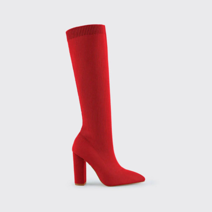 Roter Damenstiefel, kniehoch, Strickmaterial, spitzer Absatz, modisch, elegant.