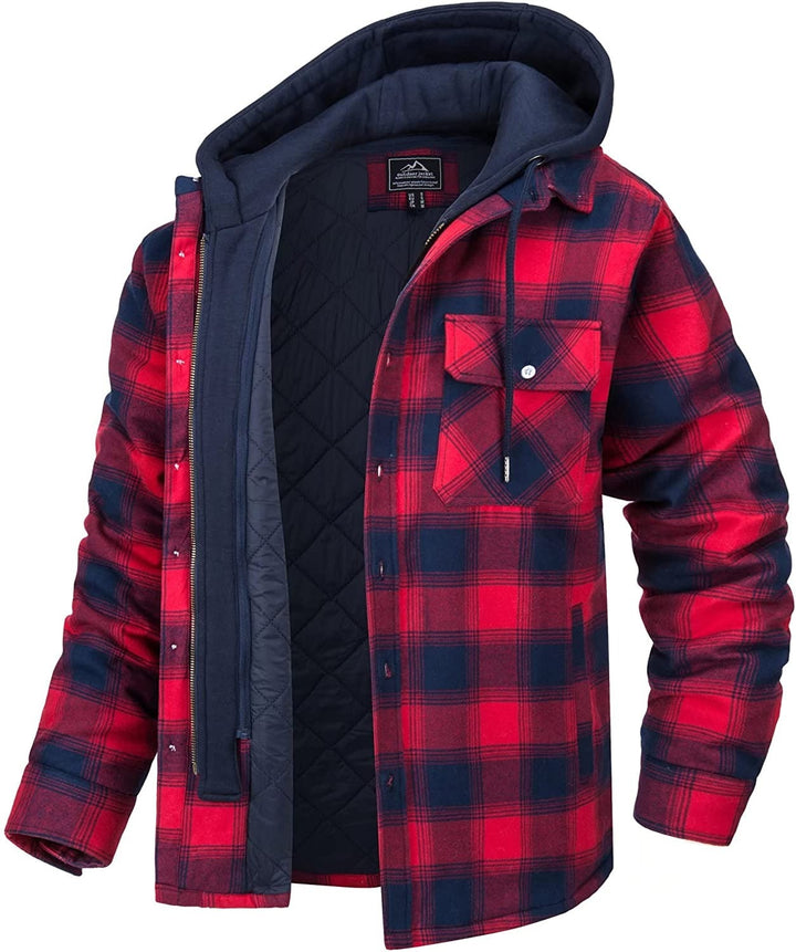 Rote karierte Herrenjacke mit Kapuze, gefüttert, warm, ideal für Herbst und Winter.