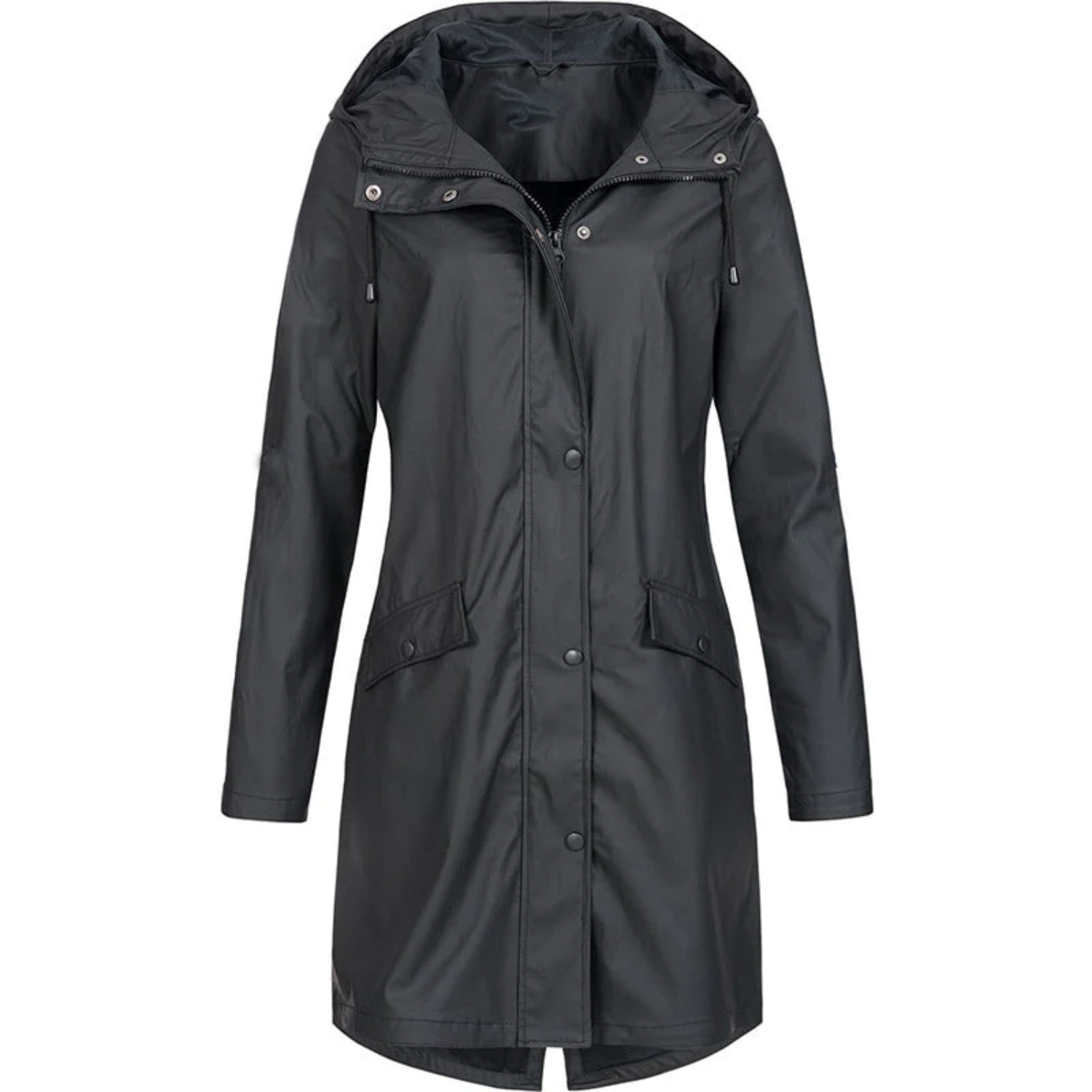 Damen Regenjacke schwarz, wasserdicht, Kapuze, Outdoor-Bekleidung, modisch, funktional.