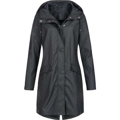 Damen Regenjacke schwarz, wasserdicht, Kapuze, Outdoor-Bekleidung, modisch, funktional.