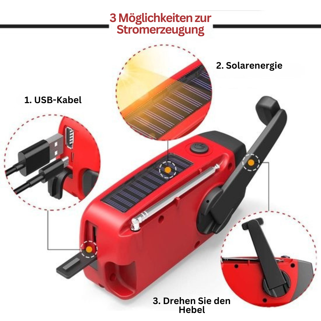 Rotes Notfallradio mit Kurbel, Solarpanel und USB-Anschluss zur Stromerzeugung.