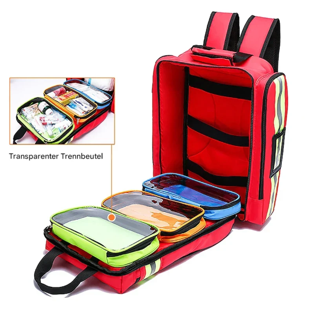 Roter Erste-Hilfe-Rucksack mit transparenten Trennbeuteln, ideal für Notfallausrüstung.