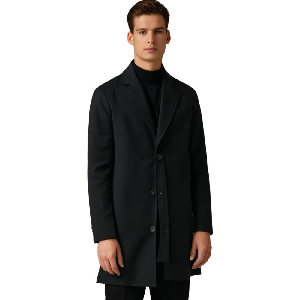 Mann in schwarzem Wollmantel, eleganter Herrenmantel, klassischer Stil, Herbstmode.