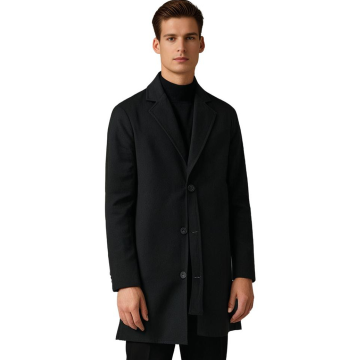 Mann in schwarzem Wollmantel, eleganter Herrenmantel, klassischer Stil, Herbstmode.