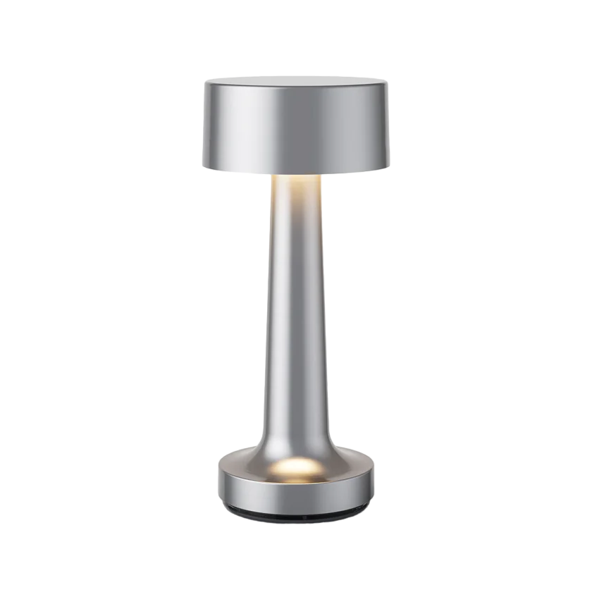 Silberne zylindrische Tischlampe, LED, modern, für Restaurant oder Bar, stilvolles Design.