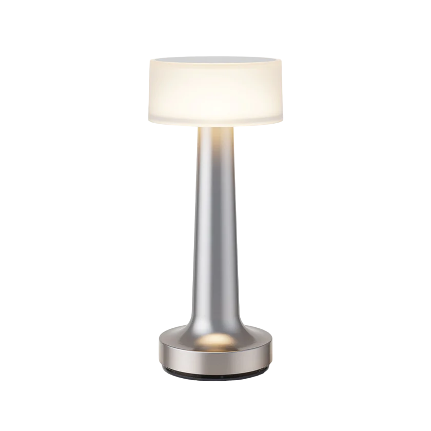Silberne Tischlampe für Restaurant, modernes Design, LED, tragbar, dimmbar, Akku-betrieben.