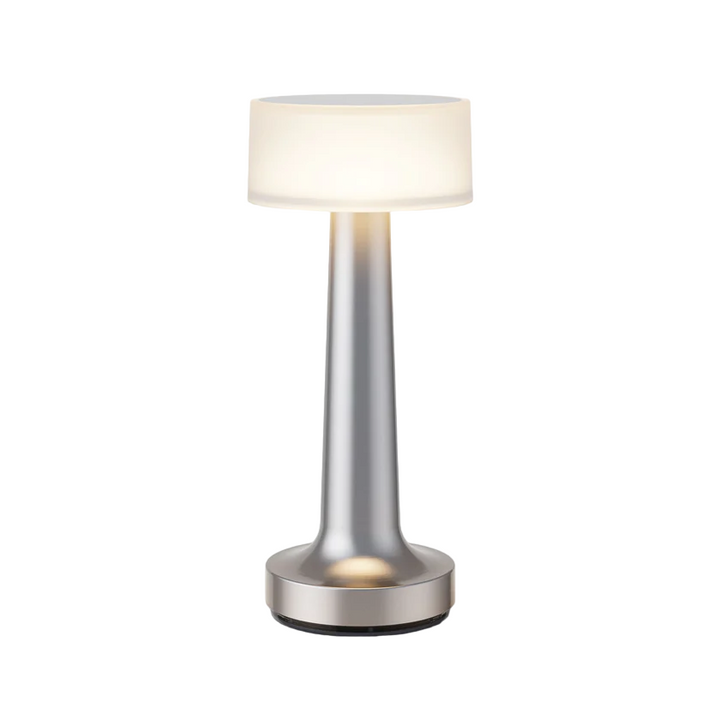 Silberne Tischlampe für Restaurant, modernes Design, LED, tragbar, dimmbar, Akku-betrieben.