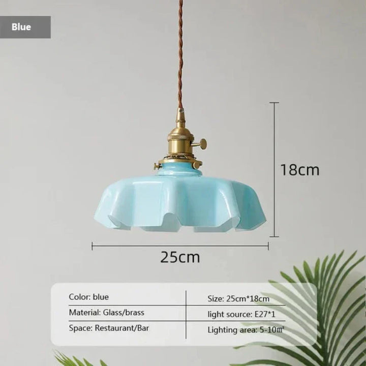 Blaue Retro-Hängelampe aus Glas und Messing, 25 cm, für Restaurant oder Bar.