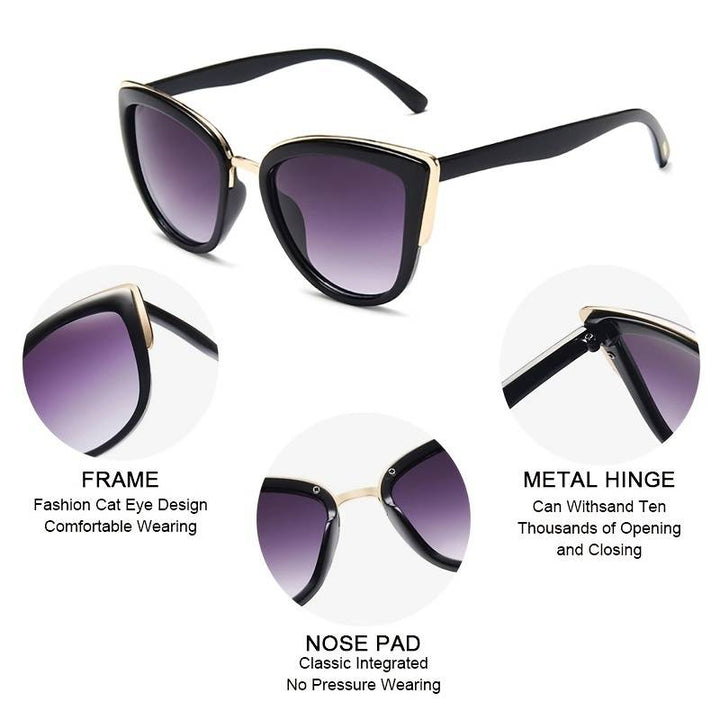Retro Cat-Eye Sonnenbrille, schwarz-gold, UV-Schutz, modisches Accessoire, Damenmode.