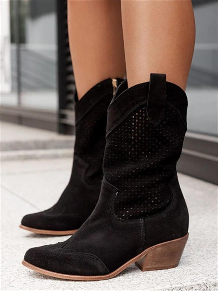Schwarze Wildleder-Cowboystiefel, atmungsaktiv, Damenmode, niedriger Absatz.