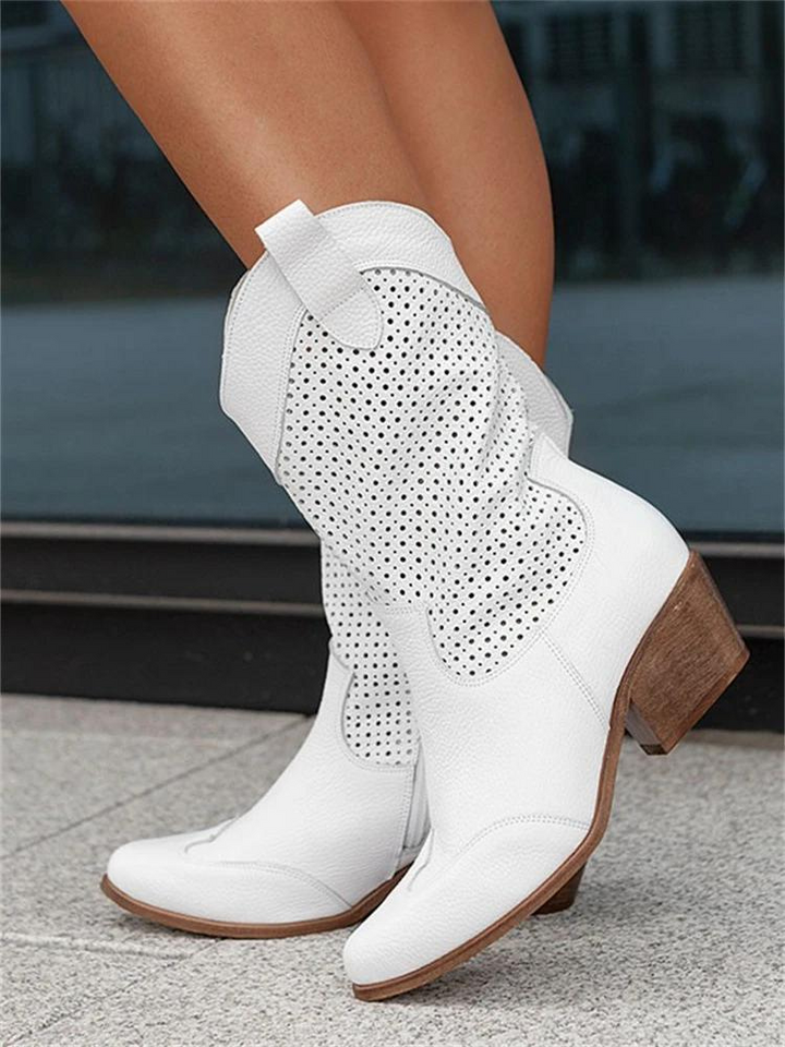 Weiße Damen-Cowboystiefel, atmungsaktiv, Leder, perforiert, modisch, mit Holzabsatz.