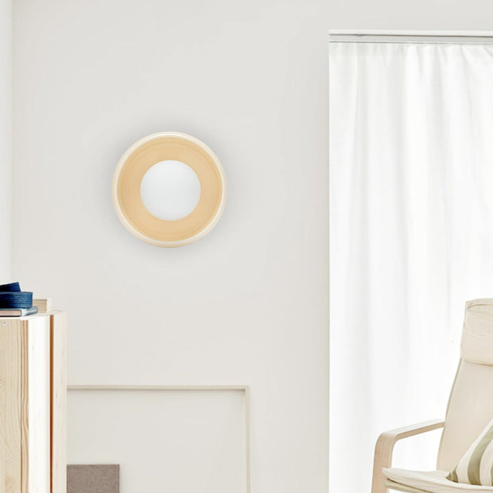 Elegante runde Wandleuchte aus Keramik in Beige, modernes Design, Wohnzimmerbeleuchtung.