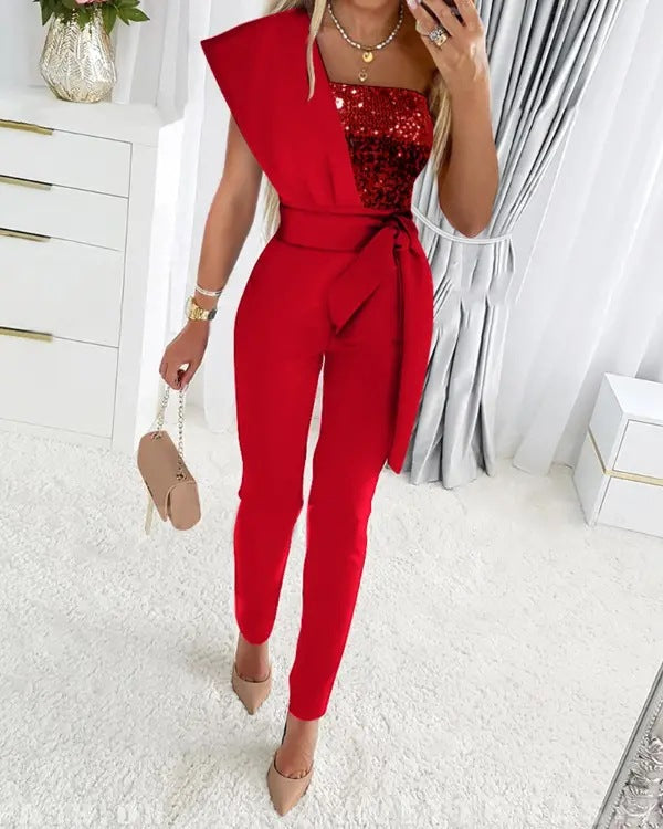 Roter Jumpsuit Damen, ärmellos, Pailletten, Gürtel, elegant, Abendmode, Party-Outfit