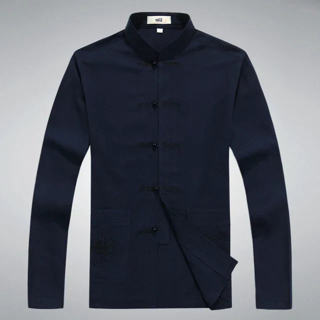 Traditionelle chinesische Tang-Anzugjacke für Herren, dunkelblau, Baumwolle, Stehkragen.