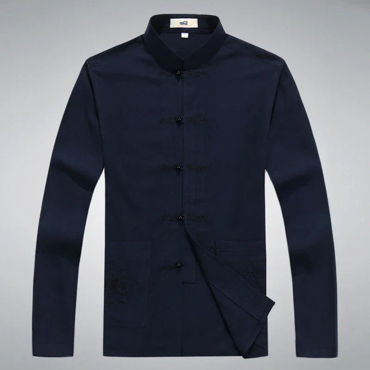 Traditionelle chinesische Tang-Anzugjacke für Herren, dunkelblau, Baumwolle, Knopfleiste.