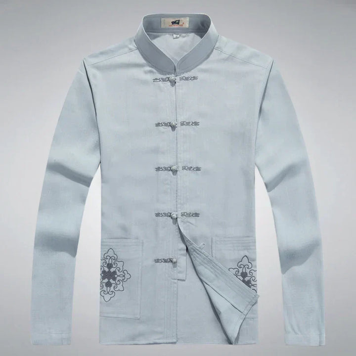 Chinesische traditionelle Tang-Jacke für Herren, hellblau, Baumwolle, bestickt.