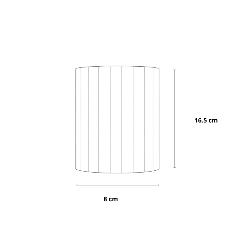 Technický nákres žebrovaného svítidla s vyznačenými rozměry, výška 16,5 cm a šířka 8 cm 15