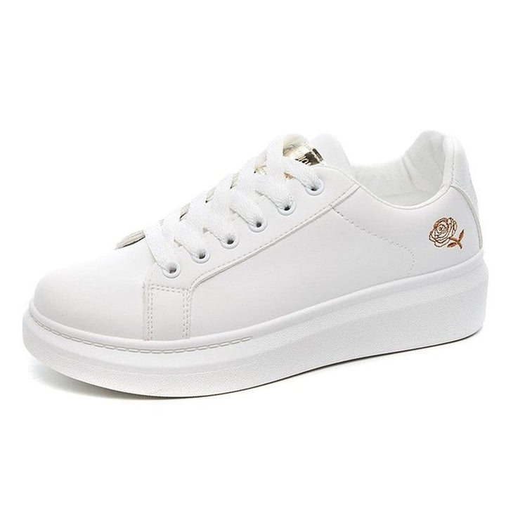 Weiße Damen-Sneaker mit Rosenstickerei, Leder, modisch, bequem, Freizeitschuh.
