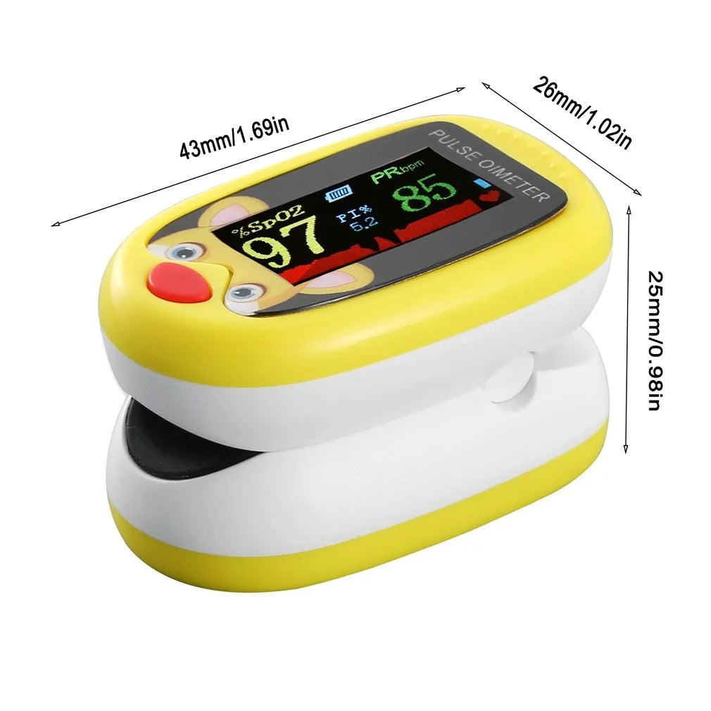 Gelbes Finger-Pulsoximeter mit digitalem Display zur Messung von Sauerstoffsättigung und Pulsfrequenz.