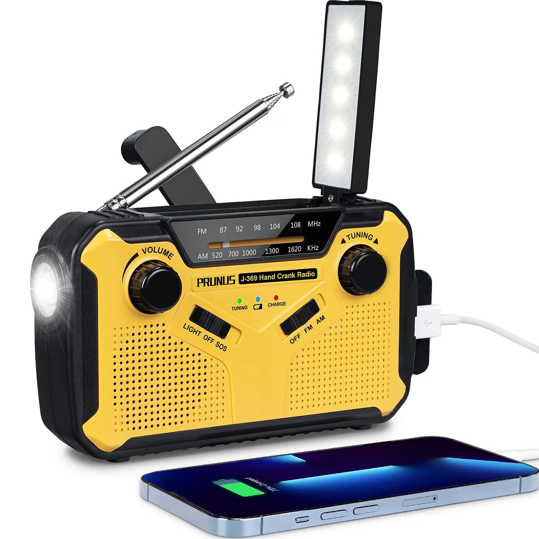 Gelbes Notfallradio mit Handkurbel, LED-Licht, USB-Ladefunktion, AM/FM/NOAA-Empfang.