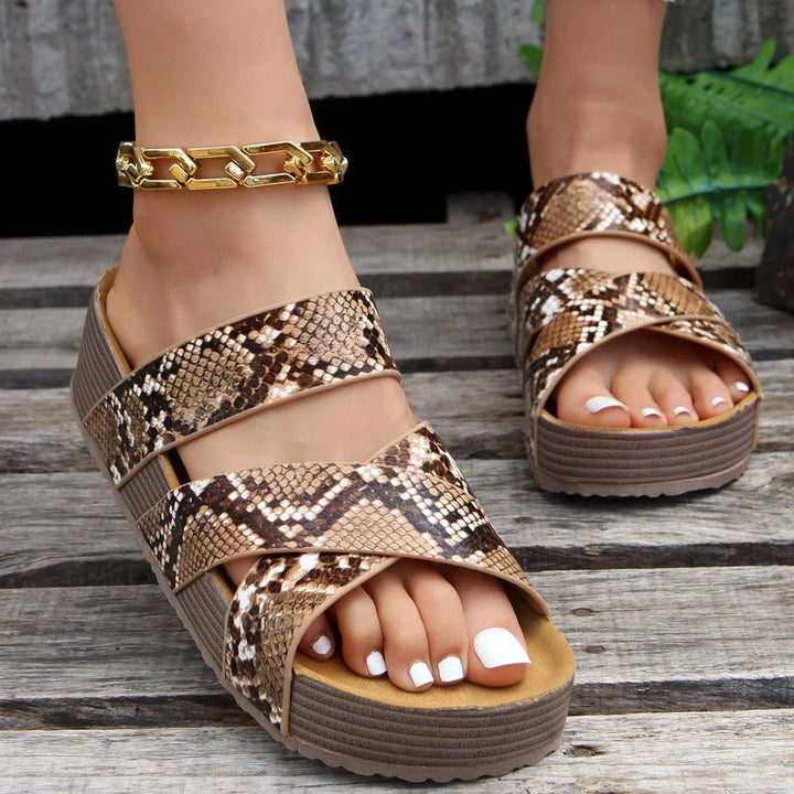 Damen Sandalen mit Schlangenmuster, Plateau, braun, modisch, Sommer, bequem, rutschfest.