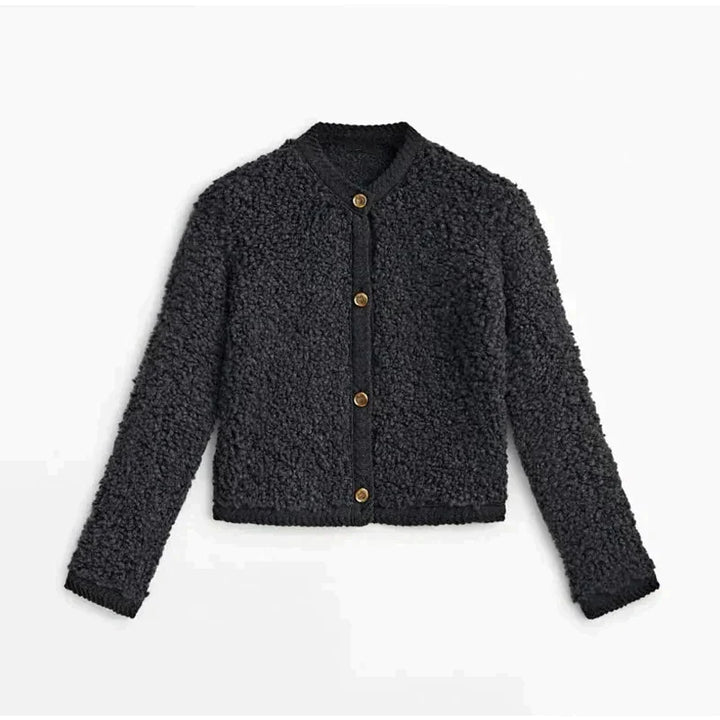 Schwarze Damen-Strickjacke aus Fleece mit Knöpfen, warm und modisch, ideal für Herbst/Winter.