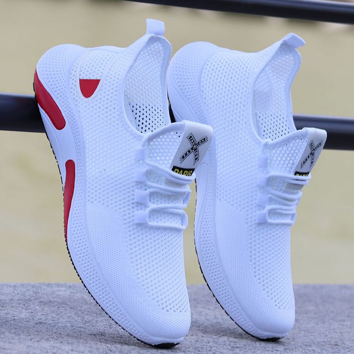 Weiße Sportschuhe, atmungsaktiv, Mesh-Material, rote Akzente, rutschfeste Sohle, Herren Sneaker.