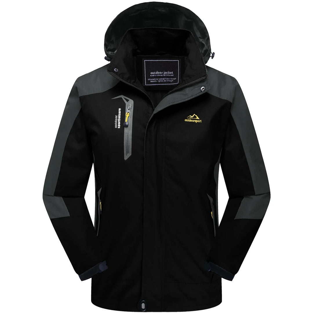 Schwarze Outdoor-Jacke mit Kapuze, wasserdicht, winddicht, Herren, funktional, atmungsaktiv.