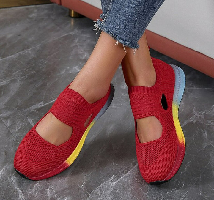 Rote Damen-Sneaker mit Regenbogen-Sohle, atmungsaktiv, bequem, modisch, Freizeit.
