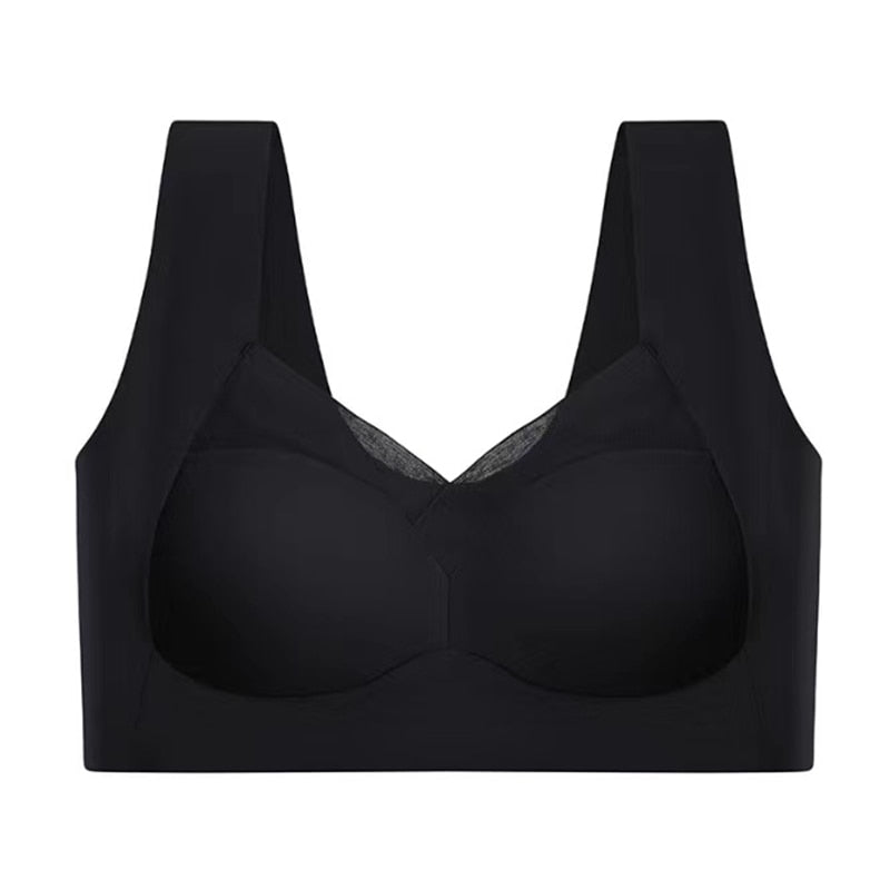 Schwarzer nahtloser Sport-BH, Damen, atmungsaktiv, stützender Fitness-BH, elastisch.