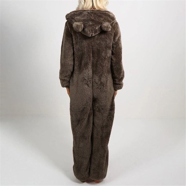 Damen Einteiler Pyjama, braun, Plüsch, Kapuze mit Ohren, gemütlich, warm, Winterbekleidung.