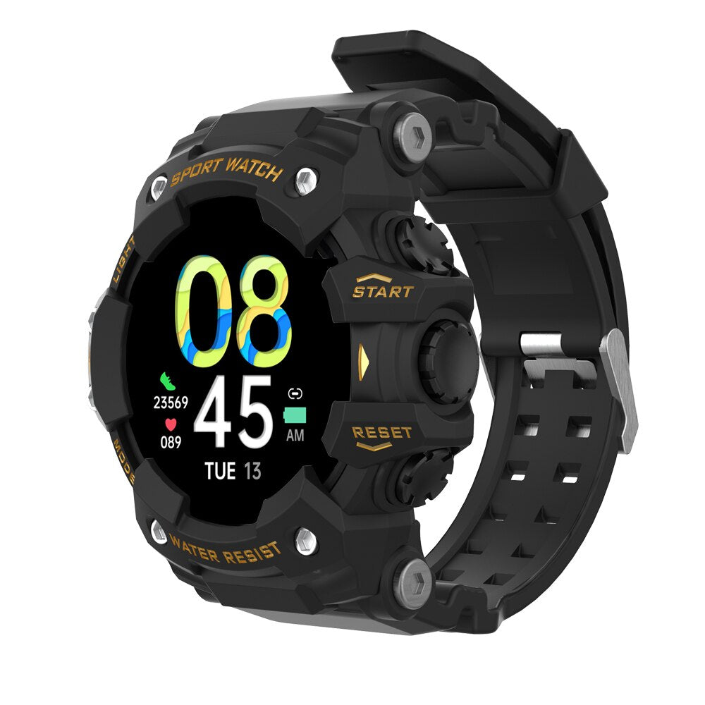 Schwarze wasserdichte Sportuhr mit digitalem Display, robustem Design und Silikonarmband.