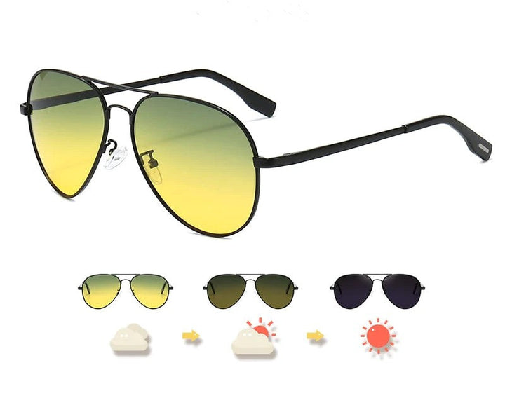 Sonnenbrille mit gelben Gläsern, photochromatisch, UV-Schutz, schwarzer Rahmen, Unisex.
