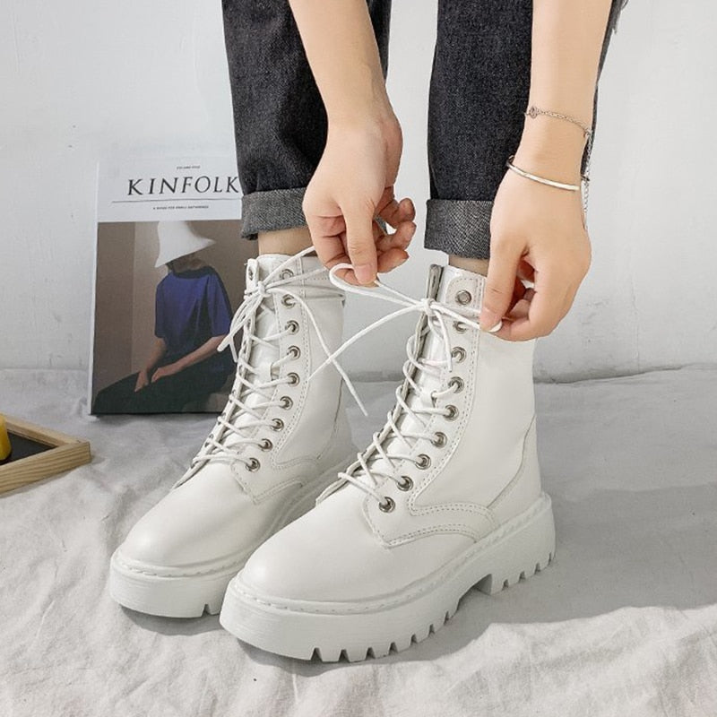 Weiße Damen-Schnürstiefel, Leder, klobige Sohle, modisch, lässig, Herbst-Winter.