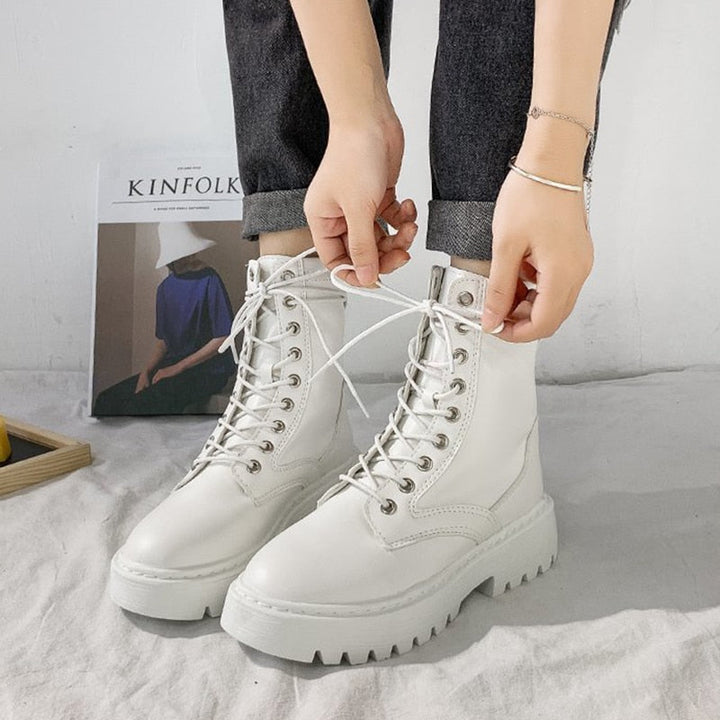 Weiße Damen-Schnürstiefel, Leder, klobige Sohle, modisch, lässig, Herbst-Winter.