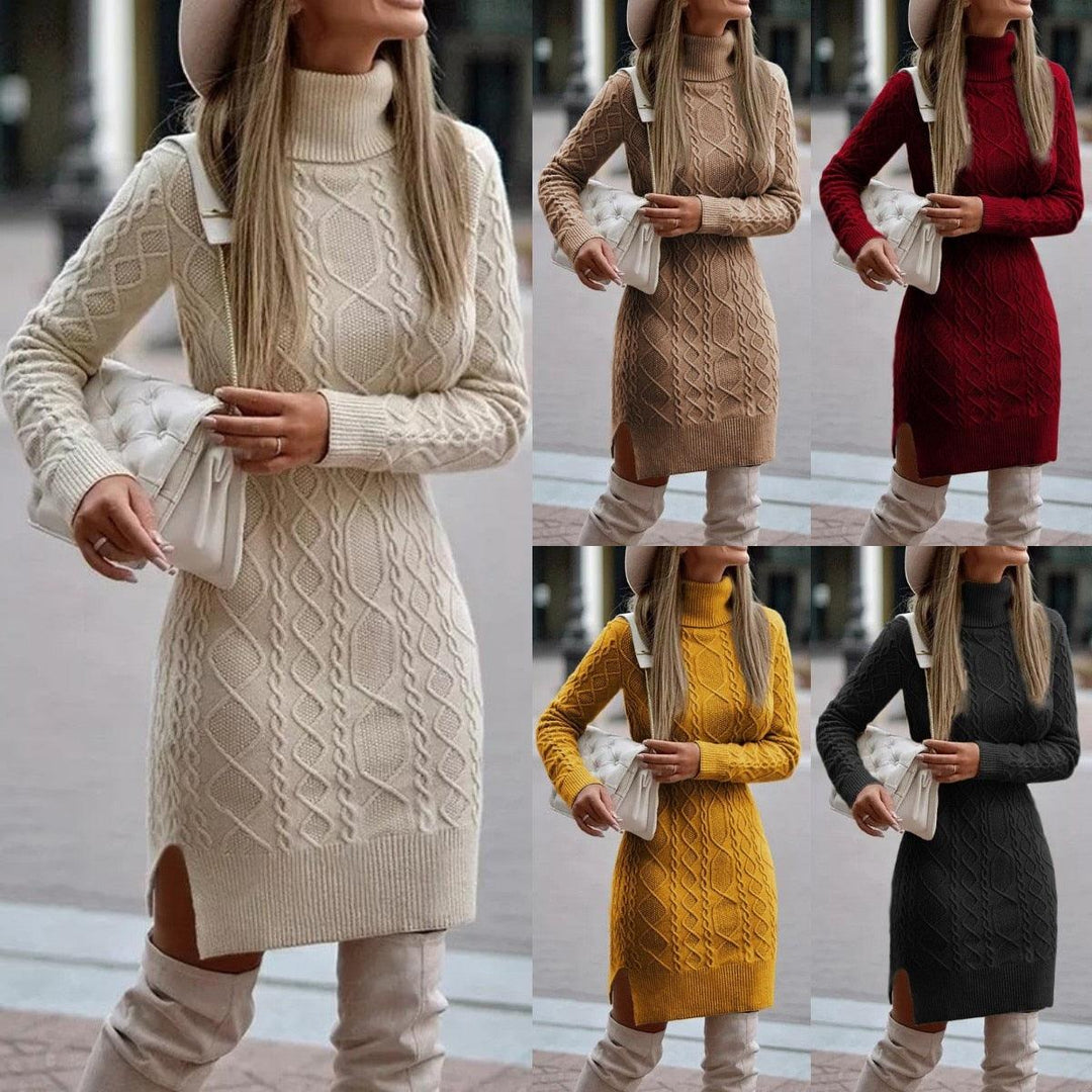 Damen Strickkleid Rollkragen, beige, rot, gelb, schwarz, Herbstmode, elegant, warm.