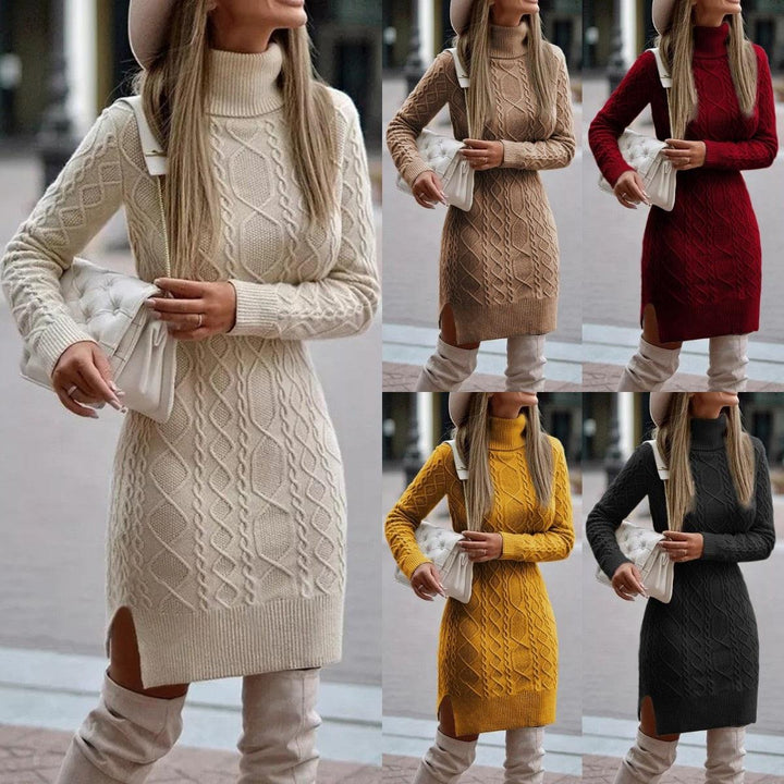 Damen Strickkleid Rollkragen, beige, rot, gelb, schwarz, Herbstmode, elegant, warm.