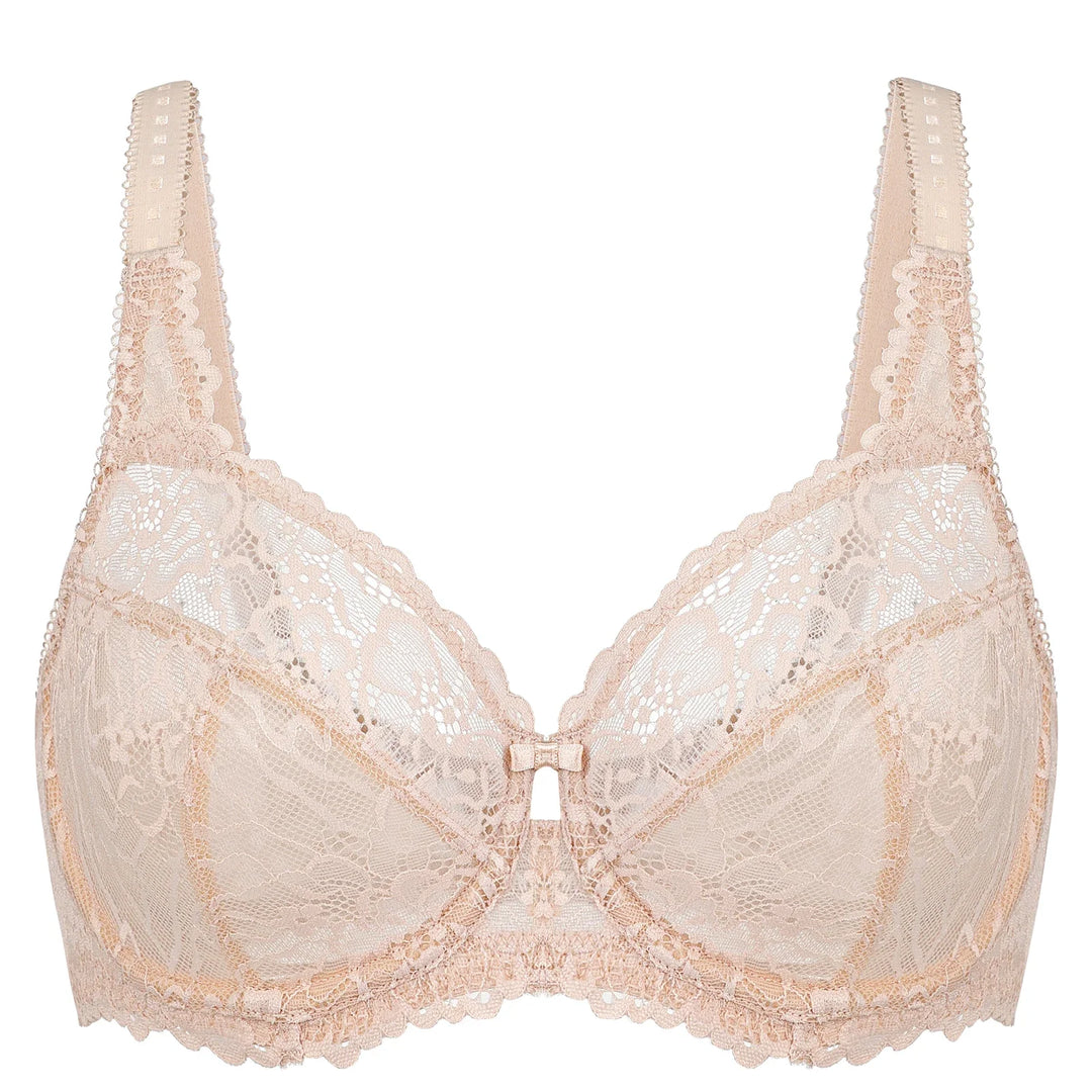 Spitzen-BH in Beige, Damenunterwäsche, verstellbare Träger, elegantes Design, Komfort.